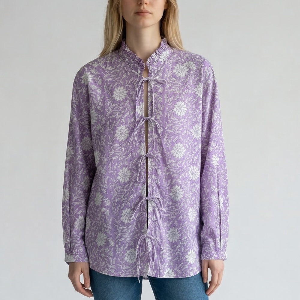 Alix Of Bohemia Blouse Small Purple‎ Floral Tie Front Ruffle Neck Boho Top Shirt